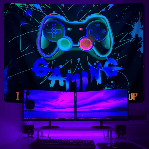 Blacklight Gaming Tapestry for Boys Room Wall Hanging, UV Reactive Video Game Decor, Black light Gamer Decoration Bedroom 80x60in