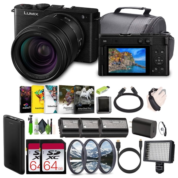 Panasonic LUMIX S9 Mirrorless Full Frame Compact Camera with 28-200mm L Mount Lens for Content Creators - Black -Bundle with 2x 64GB Memory Card   Extra Batteries   Video LED Light and More