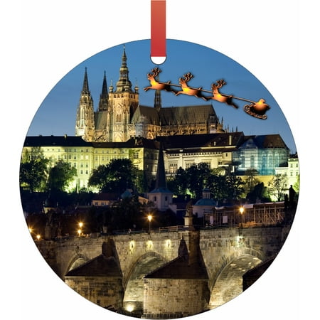 - Santa and Sleigh Riding Over The Prague Castle TM - Double-Sided Round-Shaped Flat Aluminum Christmas Holiday Hanging Ornament with a Red Satin Ribbon. Made in the USA!