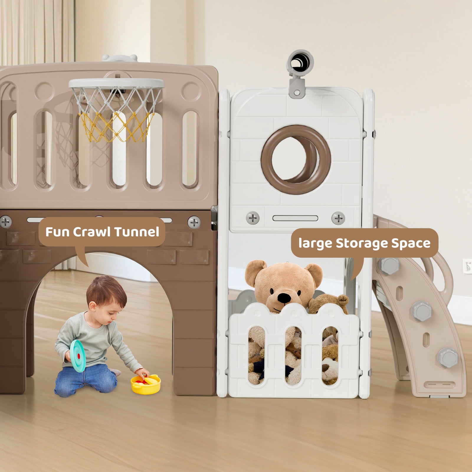Arlopu 9 in 1 Toddler Slide Set, Large Toddler Slide with Basketball Hoop & Ball, Telescope, Storage Space, Tunnel, Outdoor Indoor Playground Slide