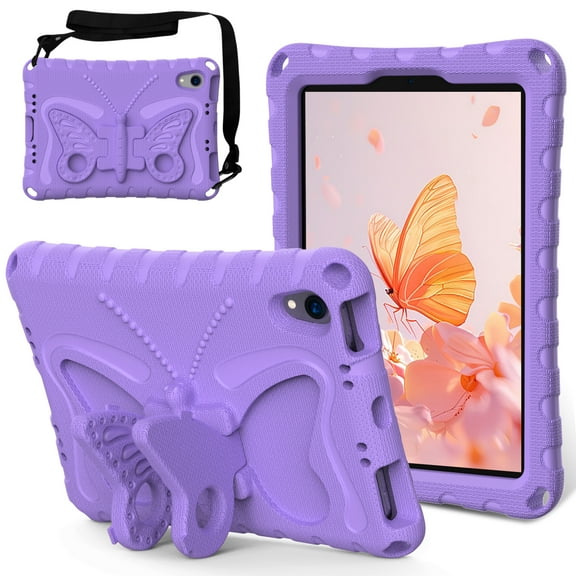 Allytechgroup iPad Mini 6 Case 8.3" for Kids, Butterfly Design Kids Friendly Shockproof Kickstand EVA Shoulder Strap Bumper Lightweight Case for Apple iPad mini 6th Generation, Lightpurple
