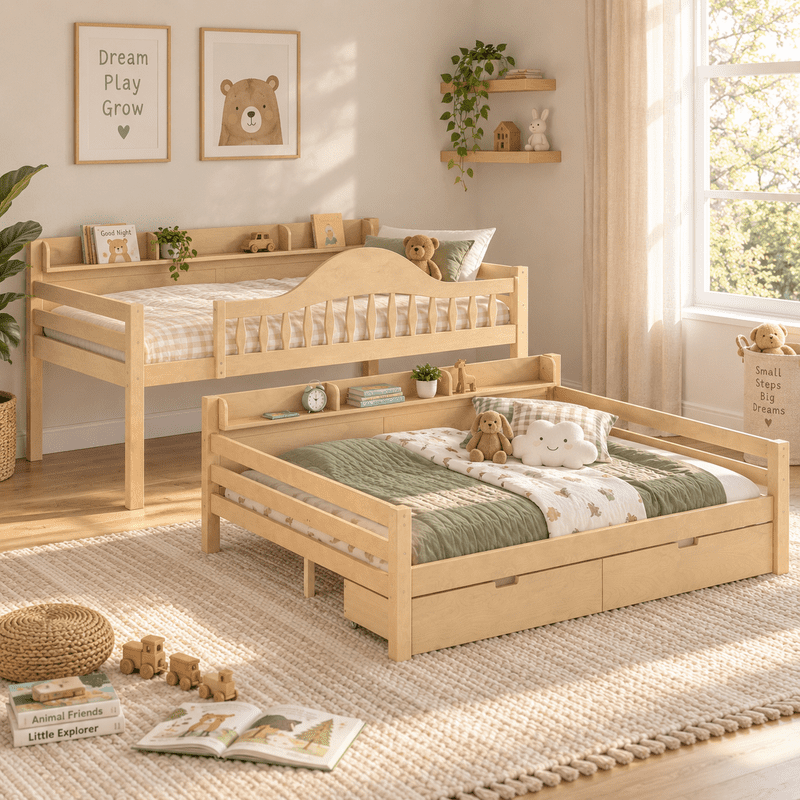 Twin XL Over Queen Bunk Bed with Storage Drawers, Solid Wood Bunk Bed Frame with Curved Guardrails, Side Storage Shelves and Ladder, No Box Spring Needed