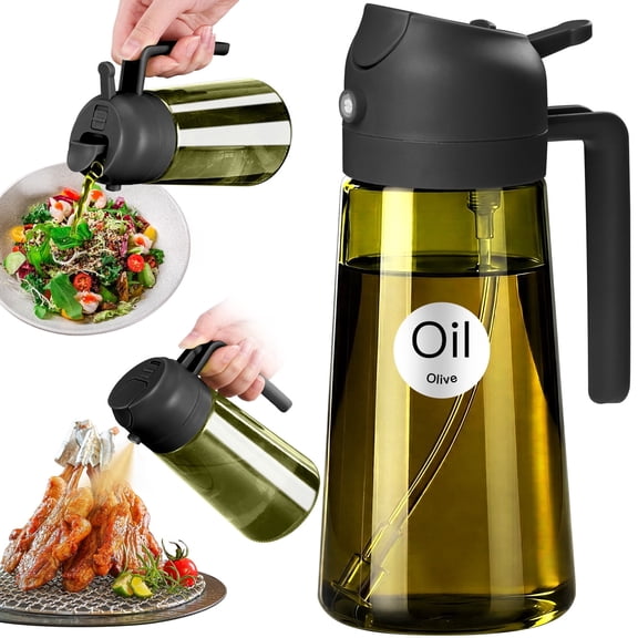 YARRAMATE 2-in-1 Olive Oil Sprayer & Dispenser with Stickers, 16oz Dark Glass Oil Bottle for Cooking, Black