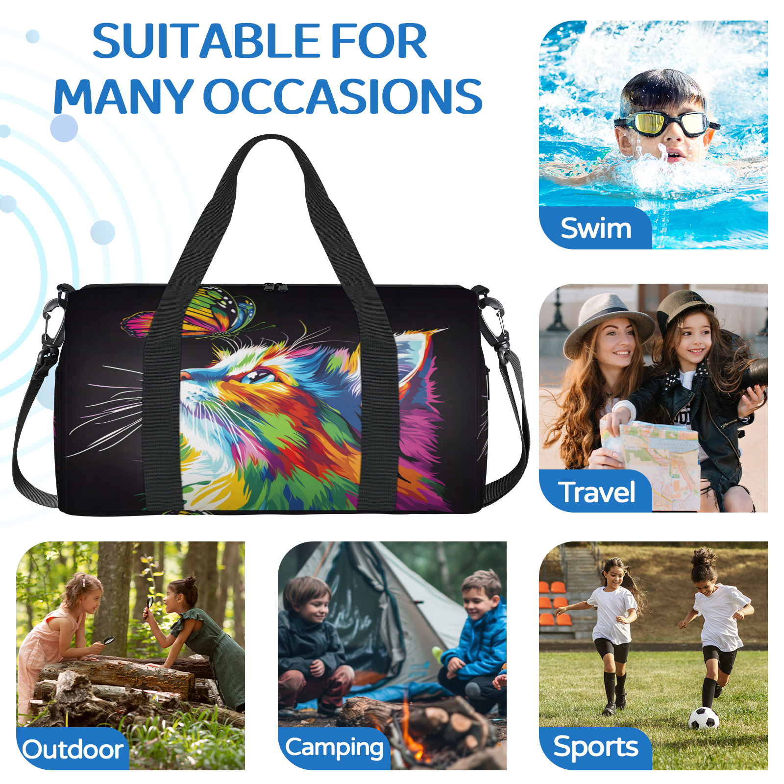 Herdesigns Cat Gym Bag for Women, Butterfly Duffle Bag for Travel Sport, Lightweight Waterproof Carry on Weekender Overnight Dance Yoga Workout Bags