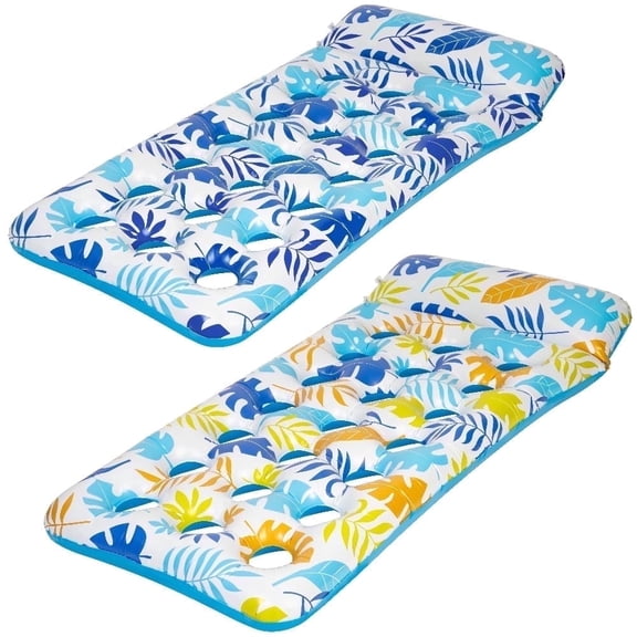 2-Piece Float Set Lounger Inflatable Pool Floats, Translucent Adult Inflatable Reclining Chair, Pedal and Cup Holder, White and Blue