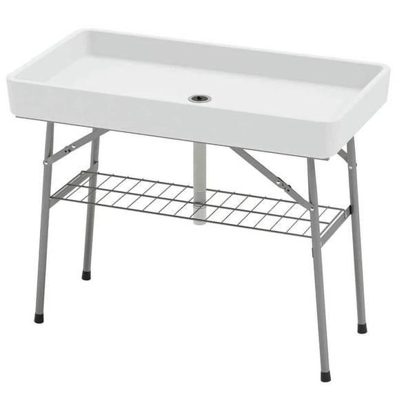 Demifill 3.4 FT Folding Ice Cooler Table with Drain, Fill and Chill Table Outdoor Table Cooler with Storage Shelf, Drink Cooler for Yard, Patio, White