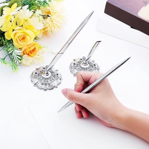2 Pcs Silver Hollow Round Pen Holder Set Signing Desk Ballpoint Pens for Guest Book Wedding Birthday Party Graduation Teacher Office Business