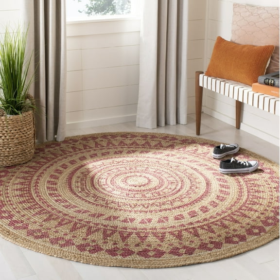 SAFAVIEH Natural Fiber Zoolander Geometric Jute Area Rug, Pink/Natural, 8' x 8' Round