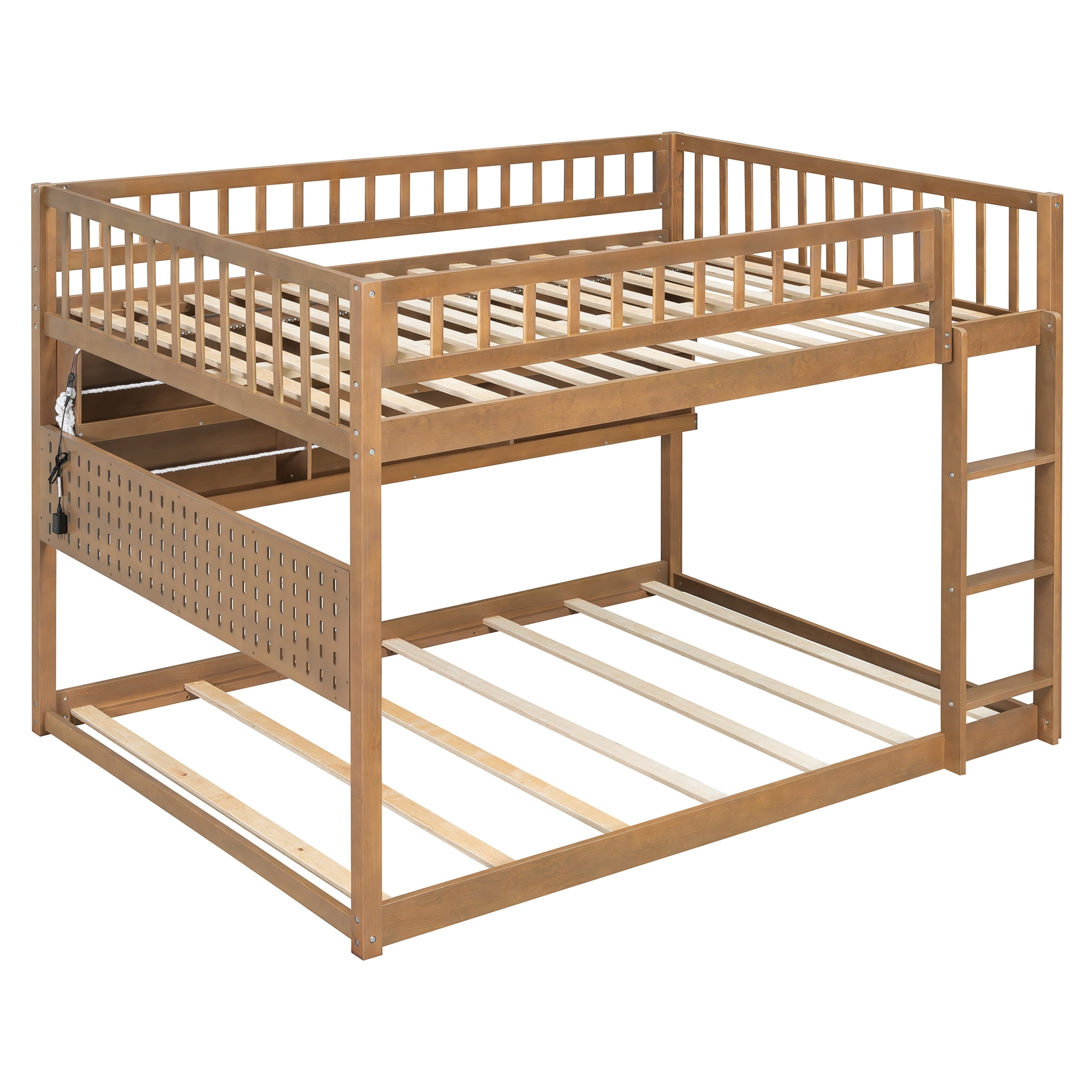 Full over Full Wood Bunk Bed with Integrated Side Storage Shelves and Pegboard, Solid Wood Bunk Bed Frame with Color-Changing Lights and Safety Guardrails for Teens, Adults, Guests
