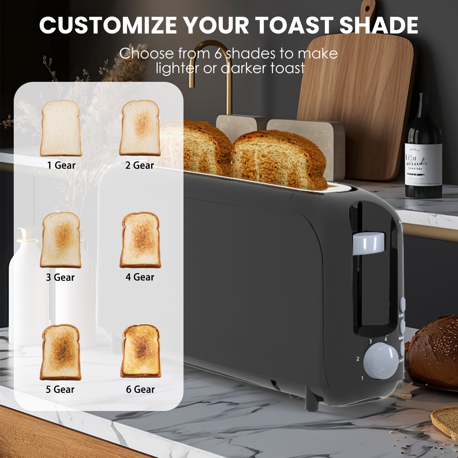 Slim 2-Slice Toaster, 10" Long Slot,6 Shade Settings with Cancel, Reheat & Defrost, Auto Shut off, Removable Crumb Tray，Black