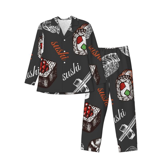 Fotbe Japanese Sushi Hashi Pijama de Hombre con Estampado de Manga Larga, Conjunto de 2 Piezas, Ropa de Dormir Suave y Cómoda con Bolsillos-Medium
