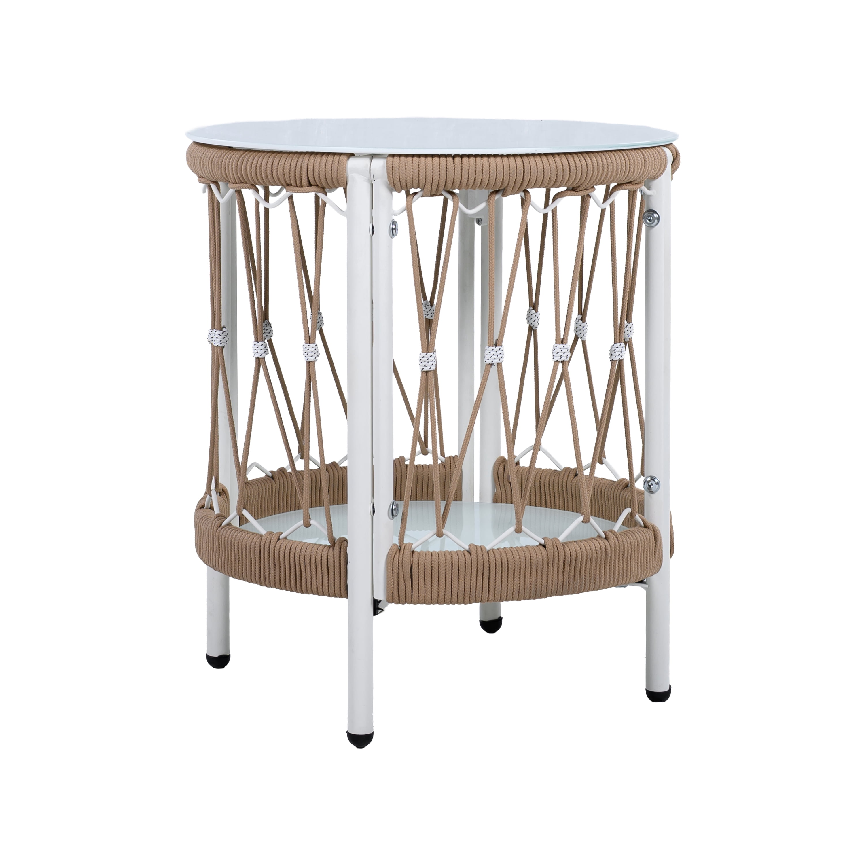 Bohemian Accent Side Table, 17.32 Inch Outdoor Table with Handwoven Rope and Steel Frame, Brown