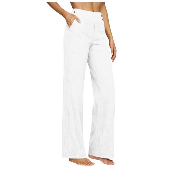 RFQWOVSR Women's High Waist Button Front Wide Leg Linen Pants with Pockets Loose Fit Casual Summer Trousers XL