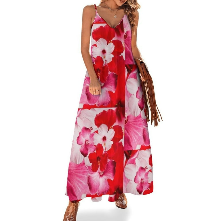 strapless open back dress Roselyn Pink & Red Floral Maxi Dress