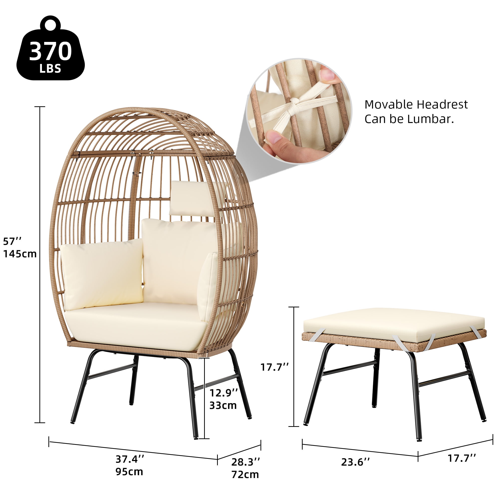 Dextrus Outdoor Egg Chair with Ottoman,Patio Wicker Basket Chair with Stand and Beige Cushion Cocoon Chair