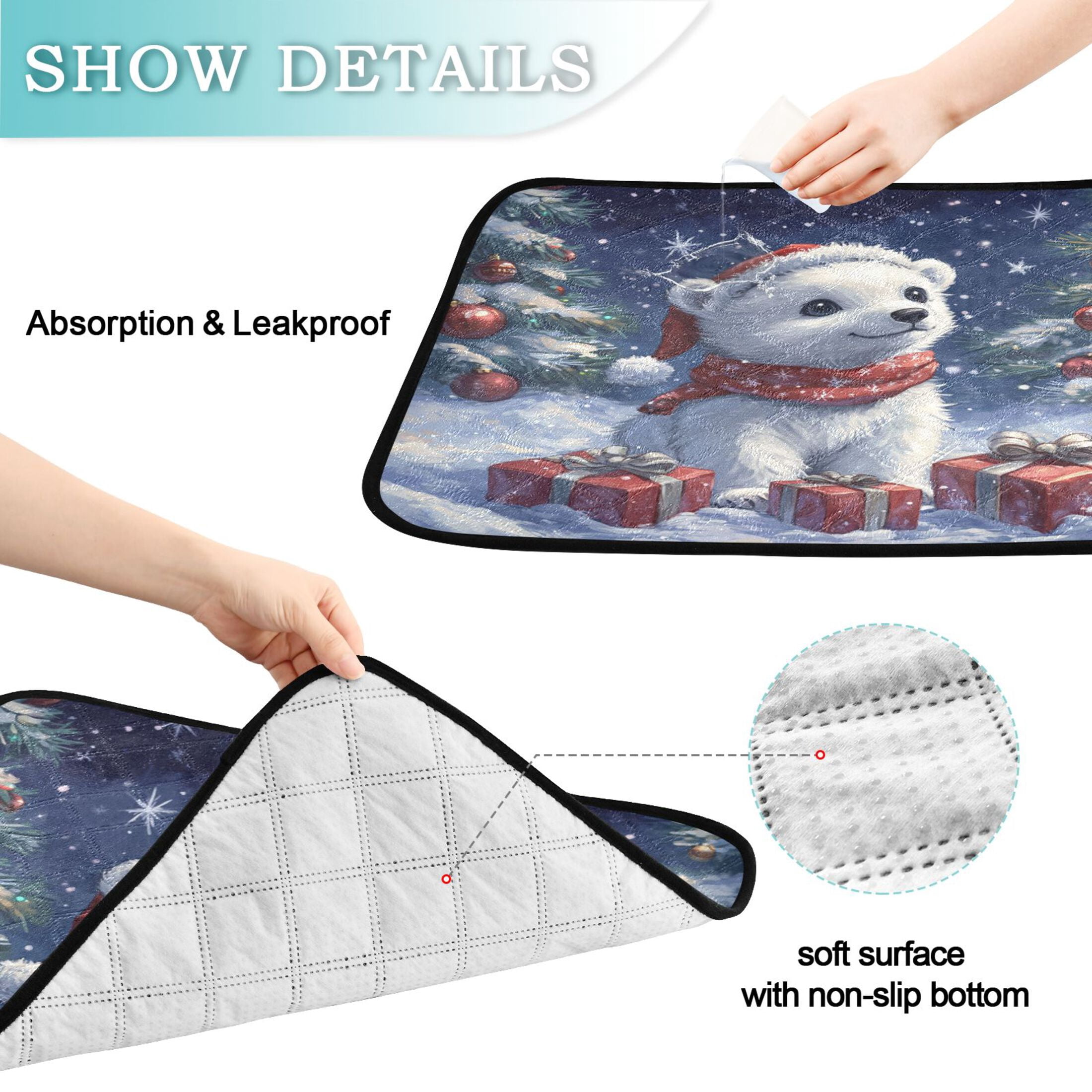 Qxltty A Cute White Polar Bear Cat litter Pads Pet Set of 3 Diaper Mats Center Anti-leakage Layer Absorbent Soft and Comfortable