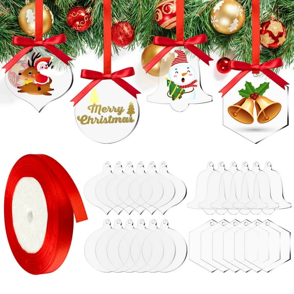 Celectigo DIY Clear Acrylic Ornaments – 24 Pcs Blank Round Acrylic Ornament Tags, Hanging Circle Ornaments with Red Ribbon for Christmas, Birthday ,Holiday Party Decorations & Crafts.