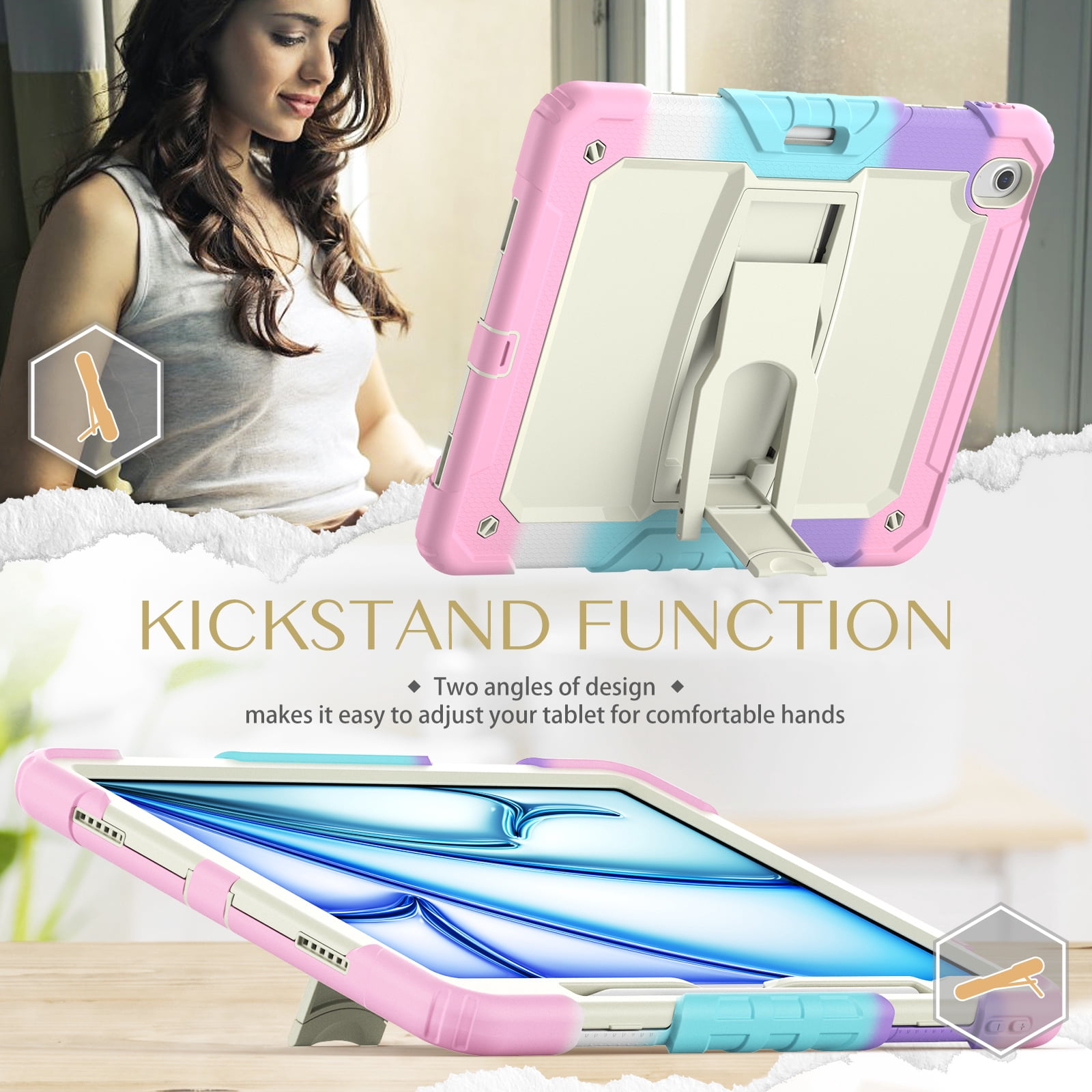 Rugged Case For Apple iPad Air 13 (2024) – 3-Layer Protection Shockproof Stand Cover with Screen Protector, Adjustable Stand, Shoulder Strap, & Pencil Holder -- Colorful Pink