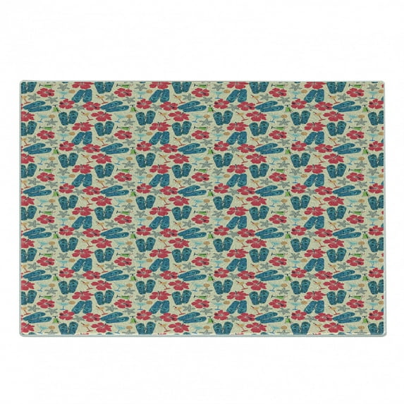 Flip Flop Cutting Board, Exotic Summers Hibiscus Flower Starfishes Martini Cocktail and Beach Sandals, Decorative Tempered Glass Cutting and Serving Board, Small Size, Multicolor, by Ambesonne