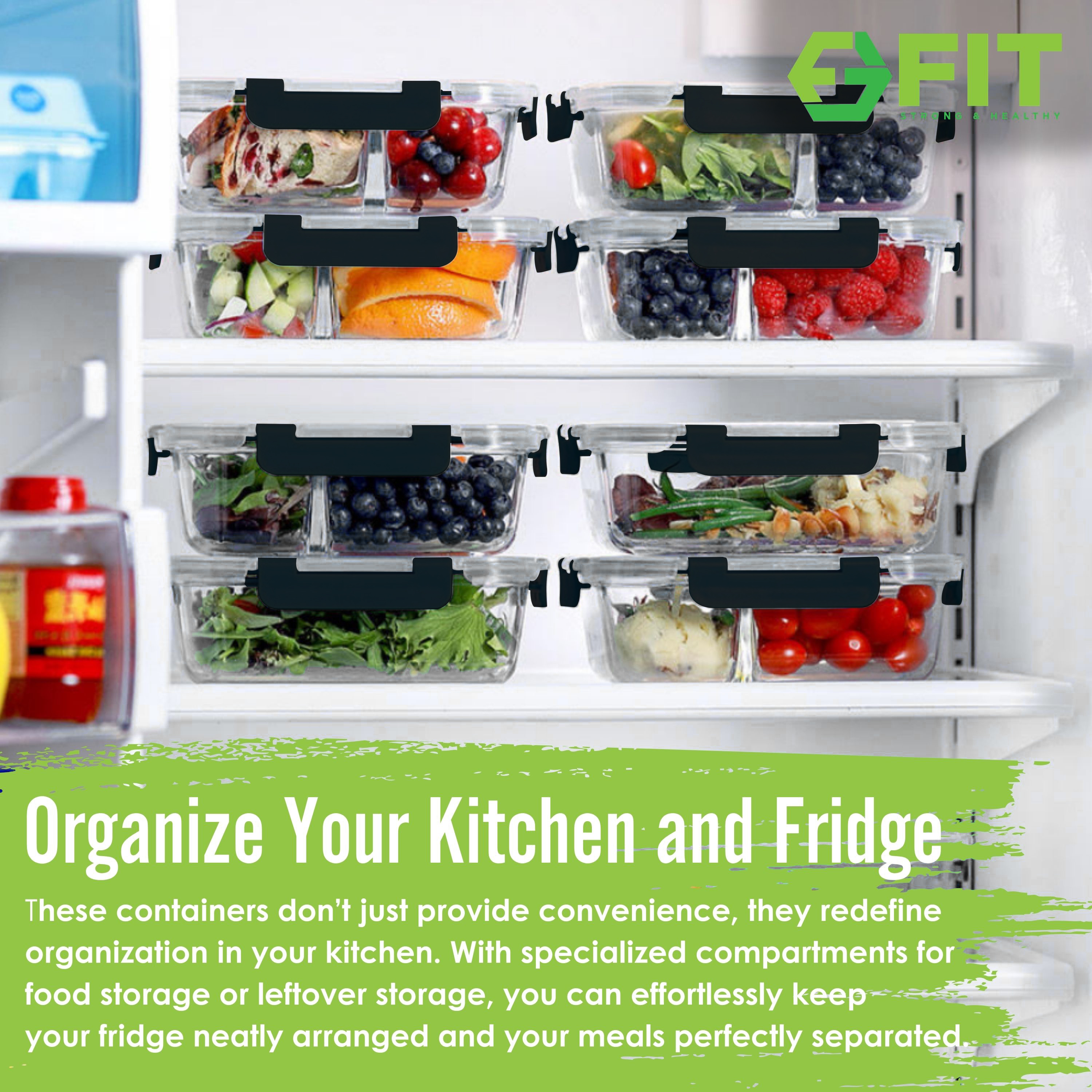1 & 2 & 3 Compartment Glass Meal Prep Containers (3 Pack, 35 Oz)- Food Storage Containers with BLACK Lids, Portion Control, BPA Free, Microwave, Oven and Dishwasher Safe, Airtight, Leakproof