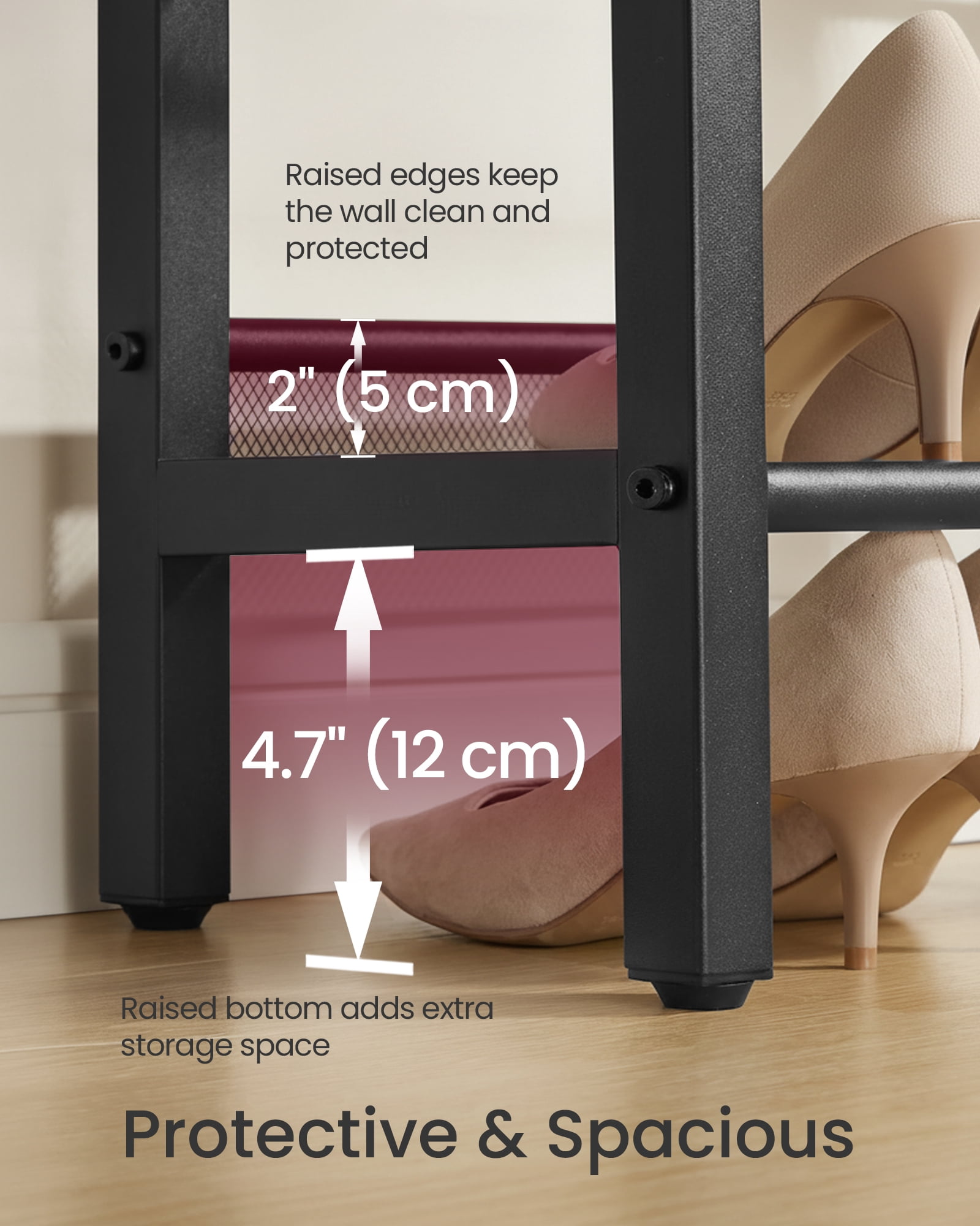 VASAGLE 3 Tier Shoe Rack Bench, One Piece Shelves, Shoe Storage Organizer with Raised Edges, Easy Assembly, Rustic Brown and Matte Black