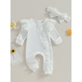 thumbnail image 3 of Musuos Newborn Girl Autumn Jumpsuit 3 6 12M Solid Color Round Neck Flying Sleeve Ruffled Zipper Romper with Bow Headband, 3 of 10