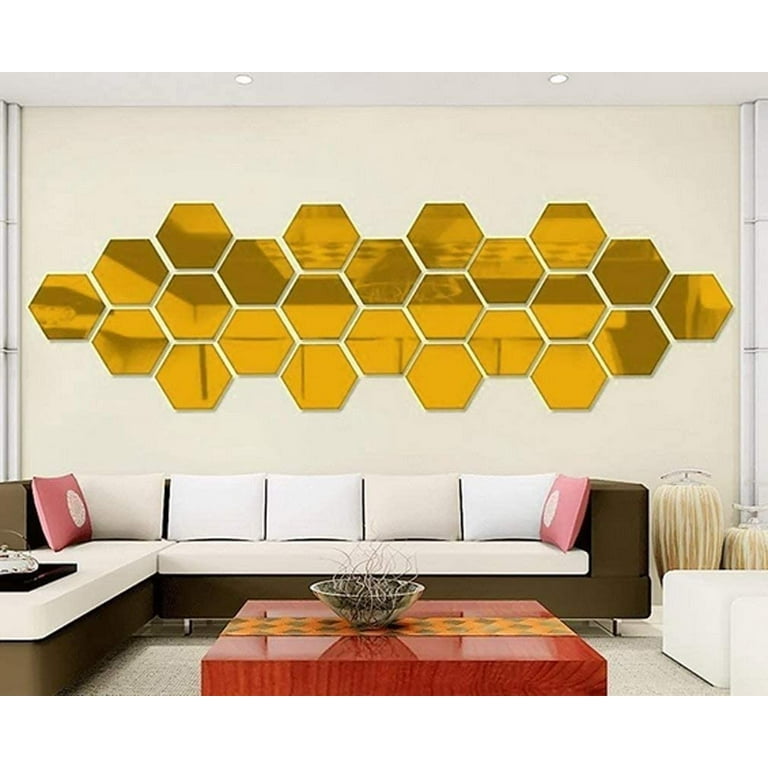 Set of 12 Acrylic Hexagonal Wall Stickers Plastic Mirrors for Home Decor,  Living Room, Bedroom, Above Sofa or Golden TV 