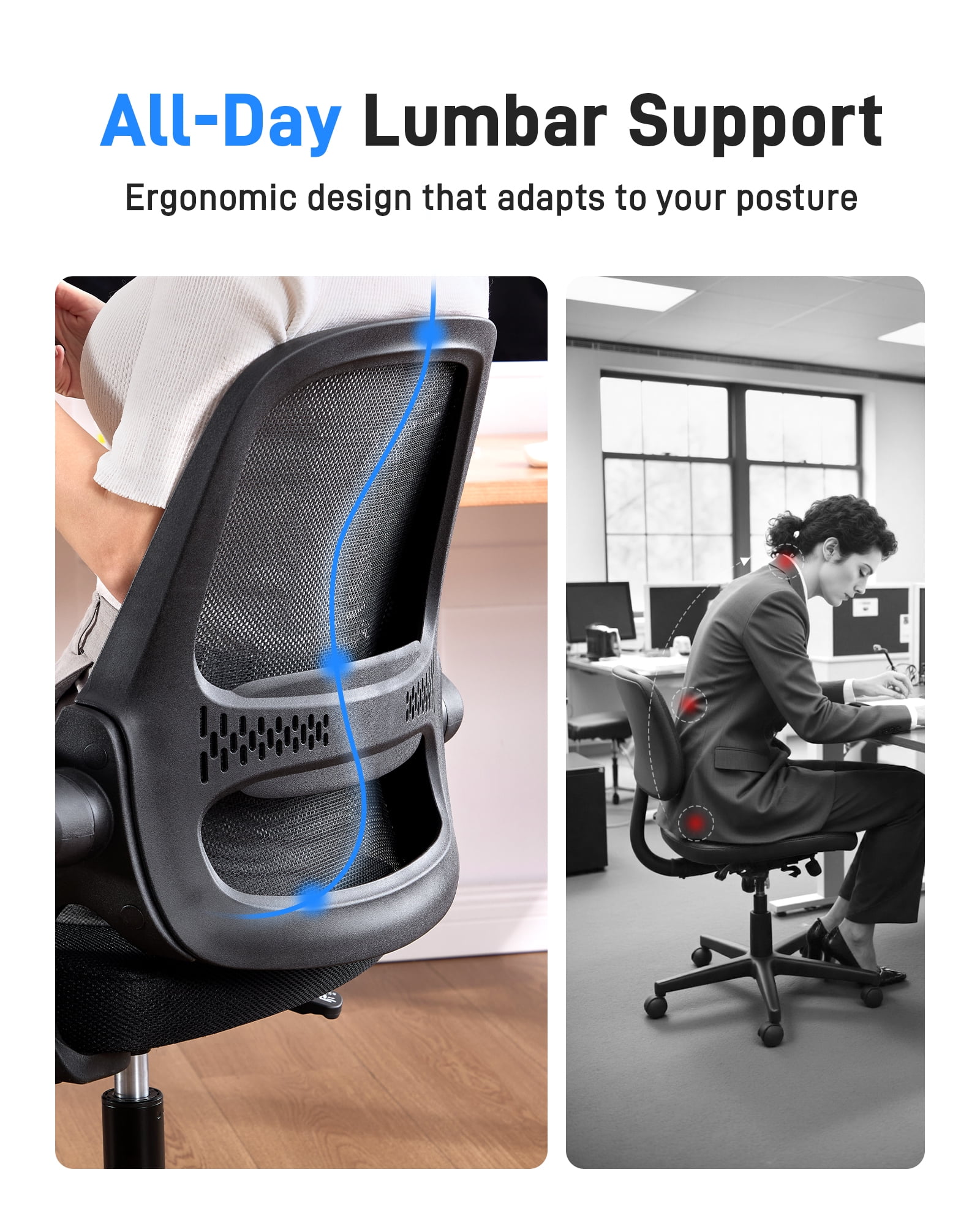 TMV Ergonomic Office Chair, Mesh Computer Chair with Wide Seat & Arms - Rolling Desk Chair with Wheels for Home Office, Gaming, or Living Room，Black