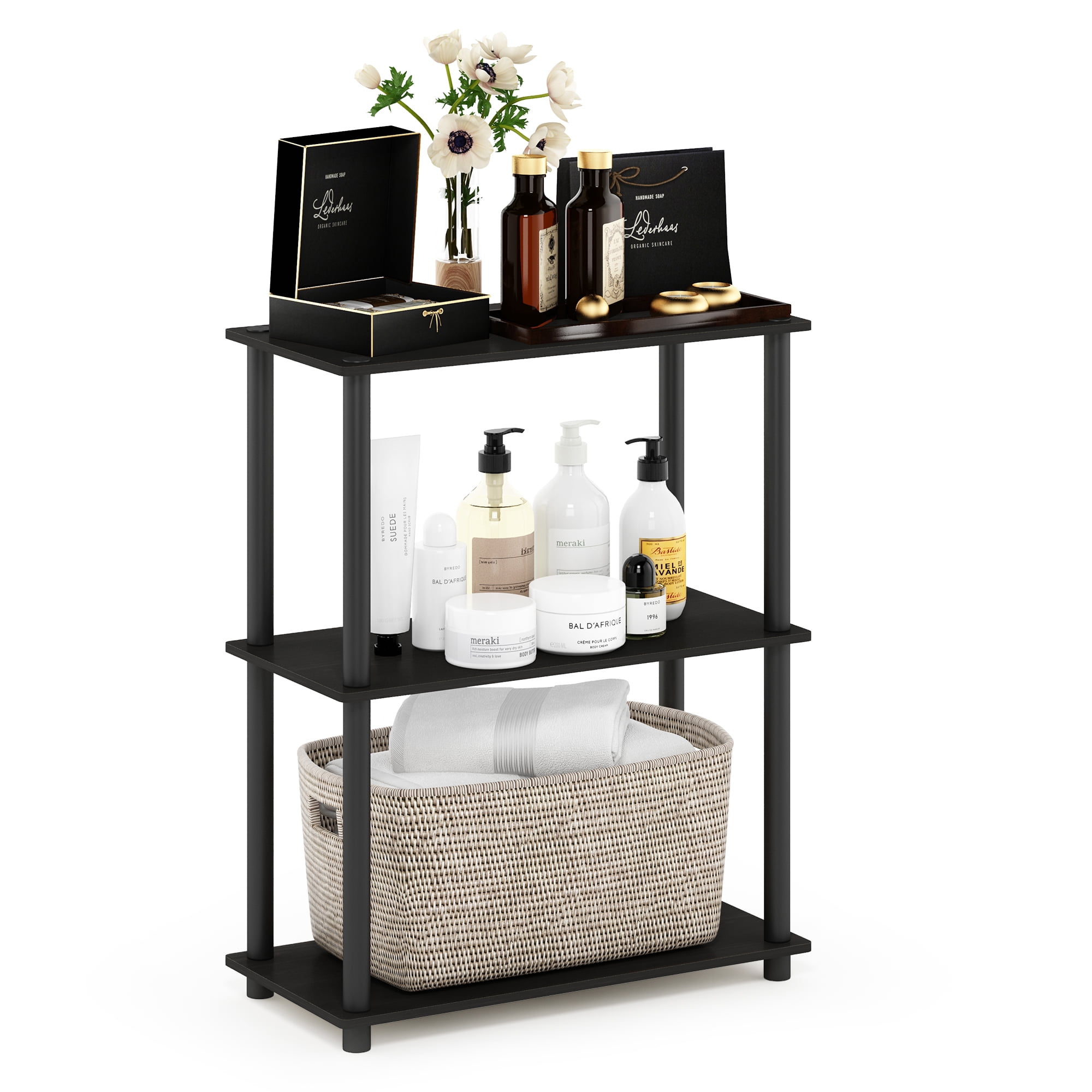Furinno TURN-N-TUBE Storage Shelves, 3-Tier Book Shelf, Corner Shelf, Toolless Open Shelves, for Organization and Storage, Living Room, Bedroom, Entryway, Laundry, Black Espresso
