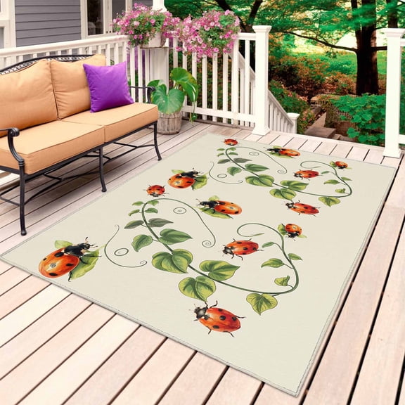 Ladybugs Eucalyptus Outdoor Rug 5x8 Ft, Non Slip Washable Area Rug, Spring Botanical Leaves Green Patio Rugs Carpet Runner, Large Floor Mat for Indoor/Outdoor Deck Porch Camping