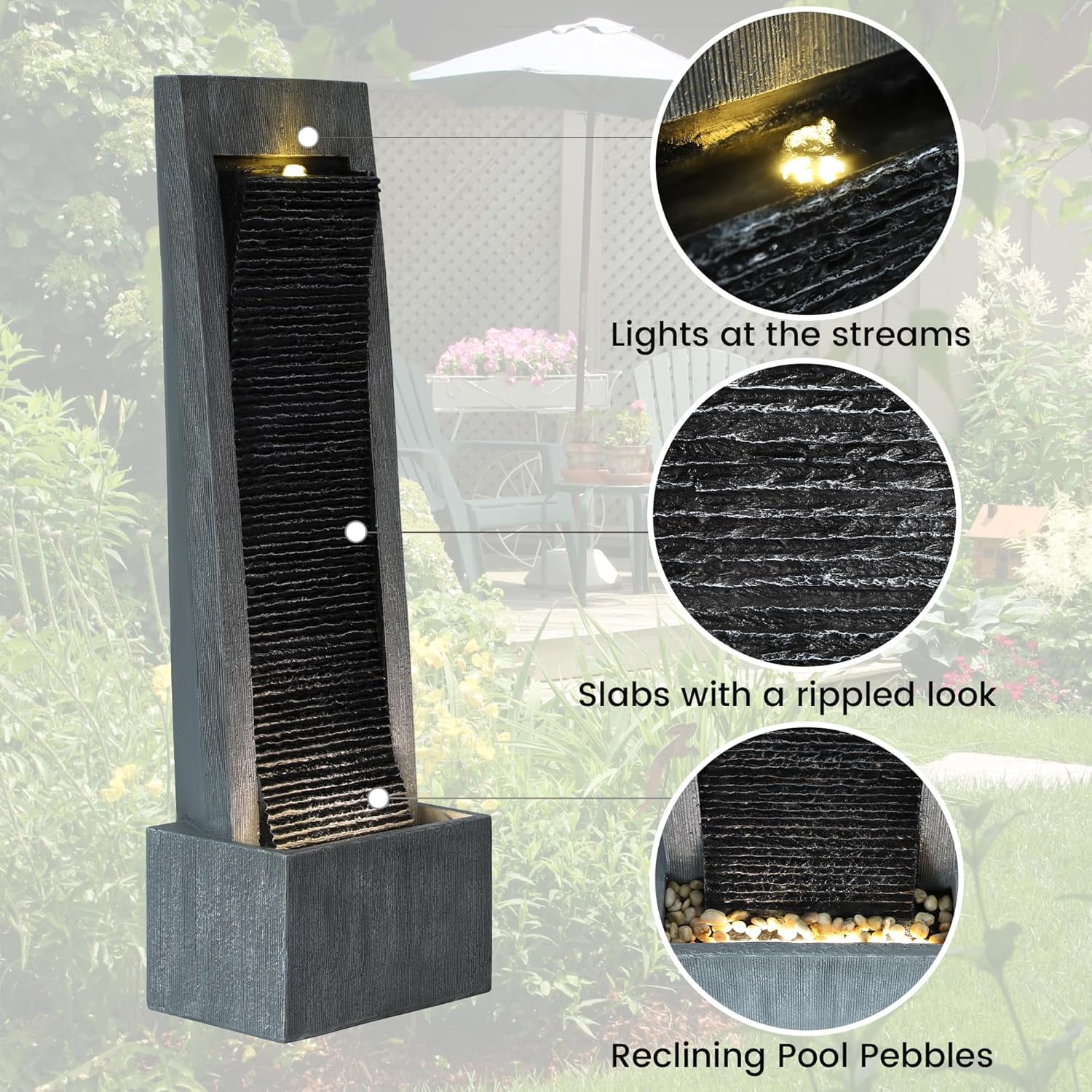 Haverchair Outdoor Home Water Fountain Waterfalls Cascading Freestanding Flowing Fountain, 49.2" H Indoor Waterfall Fountains with Pump LED Lights Cobbles, Landscaping Garden Lawn Patio Decor, Gray