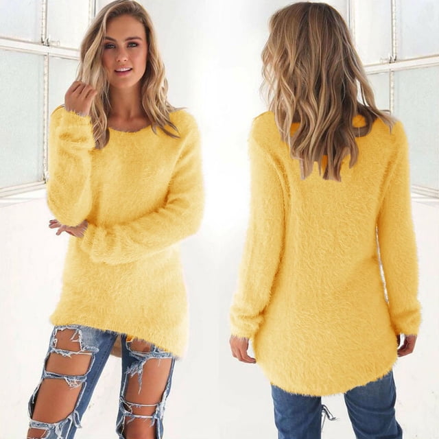 Jsaierl Chandails Tendance Chauds pour Femmes Couleur Unie Manches Longues Col Rond Pulls Basiques Amples Maison Duveteux