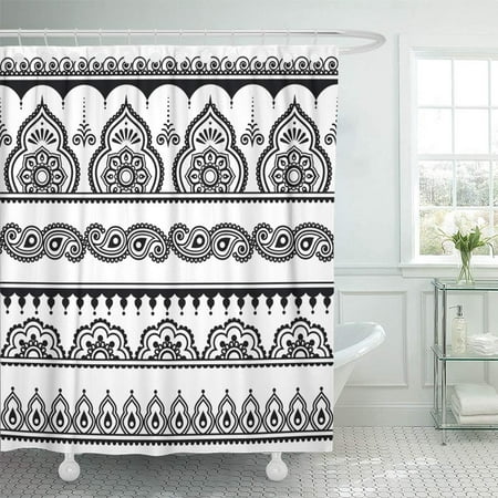 PKNMT Black Wedding Mehndi Henna Tattoo Design White Embroidery Folk Ethnic Mandala Shower Curtain Bath Curtain 66x72
