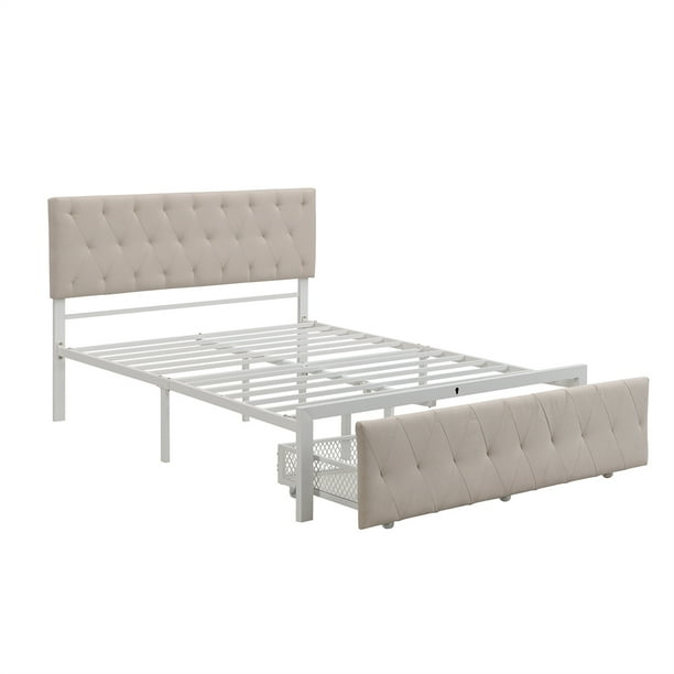 Full Size Metal Bed Frame Upholstered Platform Bed with Linen Headboard