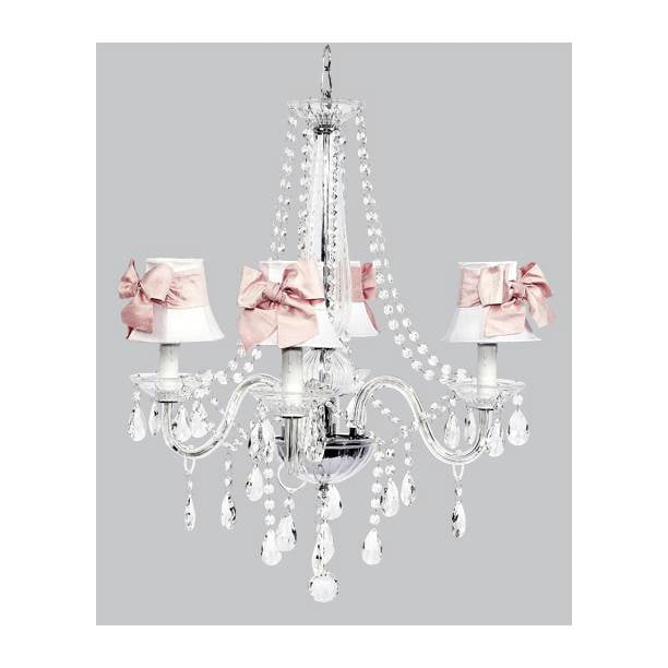 Shades And Pink Bow Sashes, Silver Chandelier With White Shades