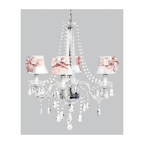 4 Light Chandelier With White Shades And Pink Bow Sashes Com Shades And Pink Bow Sashes, Silver Chandelier With White Shades