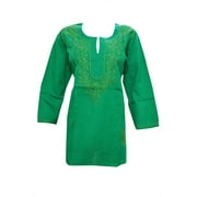 Mogul Woman's Ethnic Kurti Tunic Hand Embroidered Green Top Blouse L
