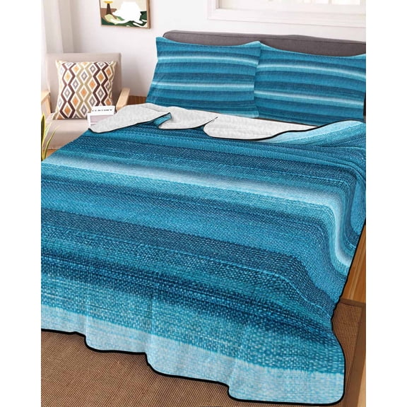 Turquoise Teal Ombre Twin Size Down Alternative Comforter, Lightweight Comforter Quilt Bedding Set with Pillow Shams Farmhouse Modern Abstract Striped All Seasons Bed Comforter Duvet Insert 68"x86"
