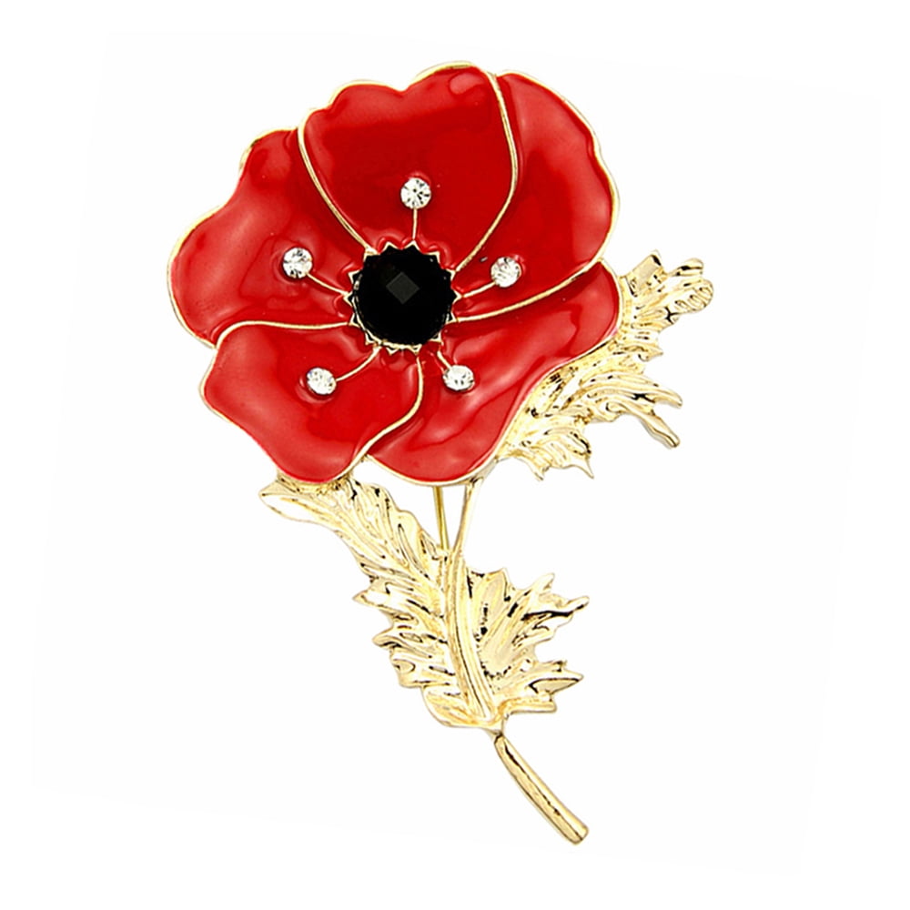 Women Red Poppy Badges Flower Pin Brooch Ladies Enamel Broach Crystal Collection 