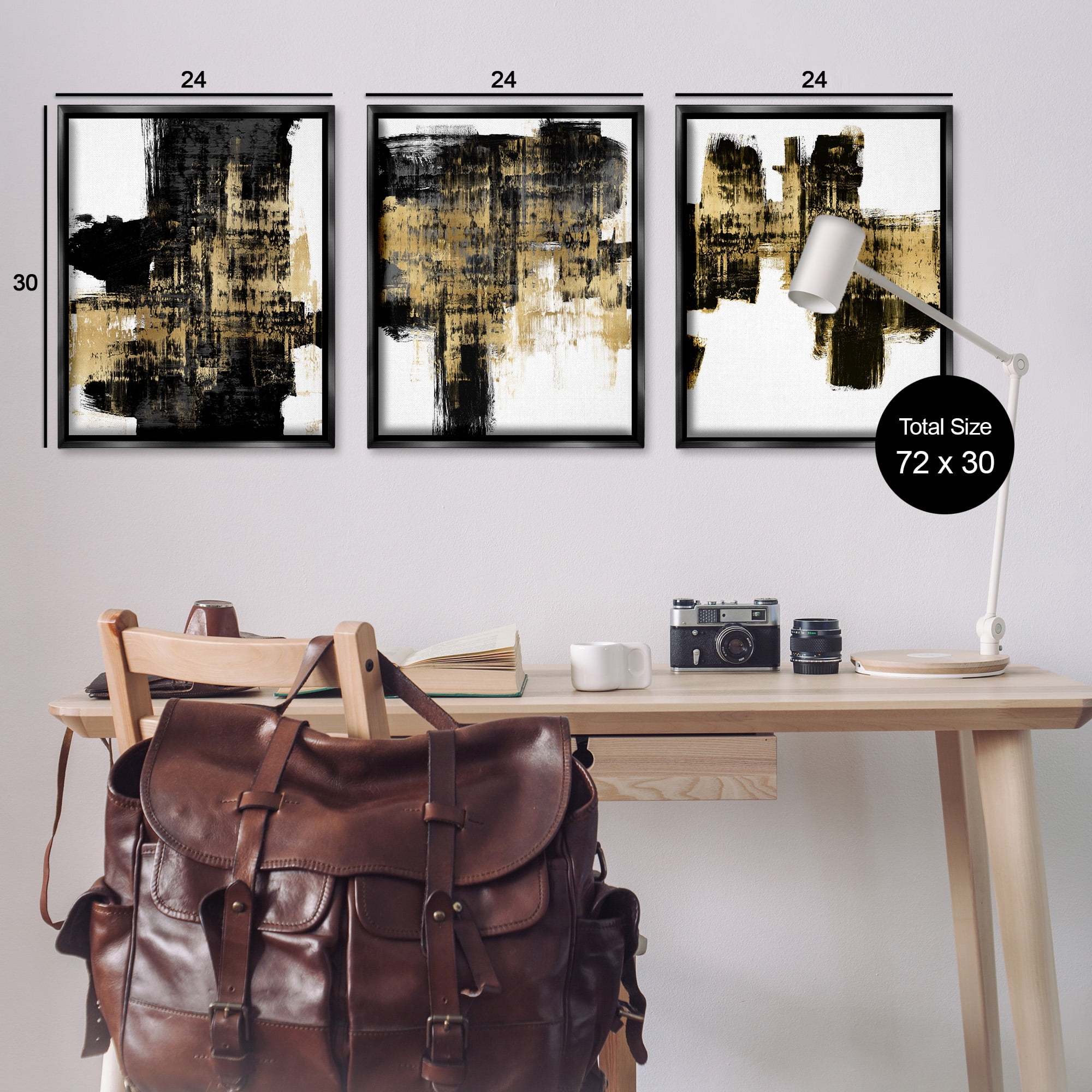 Stupell Industries Bold Black Brushstrokes with Gold Abstract Painting Black Floater Framed Canvas Art Print Wall Art, 25 x 31, Set of 3