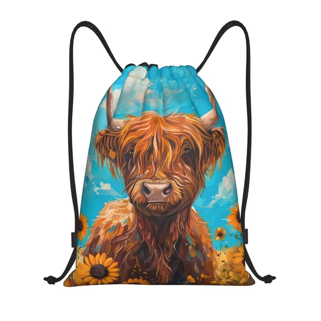 Fotbe Cute Cow Sunflowers Art Bolsa Mochila con Cordón Estampada, Bolsa de Gimnasio Deportiva, Bolsa Cinch, Bolsa con Cordón para Hombres y Mujeres-Medium
