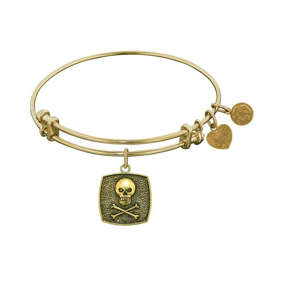 Yellow Stipple Finish Brass Skull And Cross Bones Angelica Bangle Bracelet, 7.25"