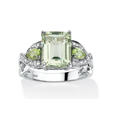 Green Amethyst Wedding Set 3.40 TCW Emerald-Cut Genuine Green Amethyst Ring in Platinum Over .925 Sterling Silver ()