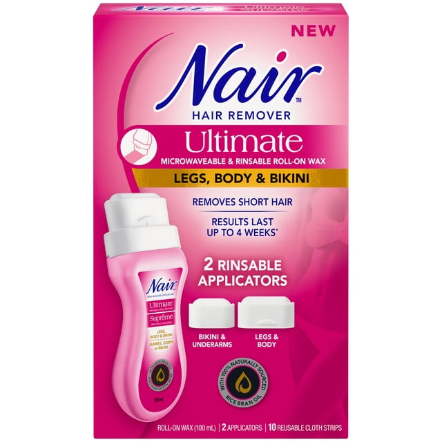 Nair Ultimate Roll-On Wax for Hair Removal, Microwavable and Rinseable, for Legs, Body and Bikini, Made with Rice Bran Oil, 100ml + 2 Applicators