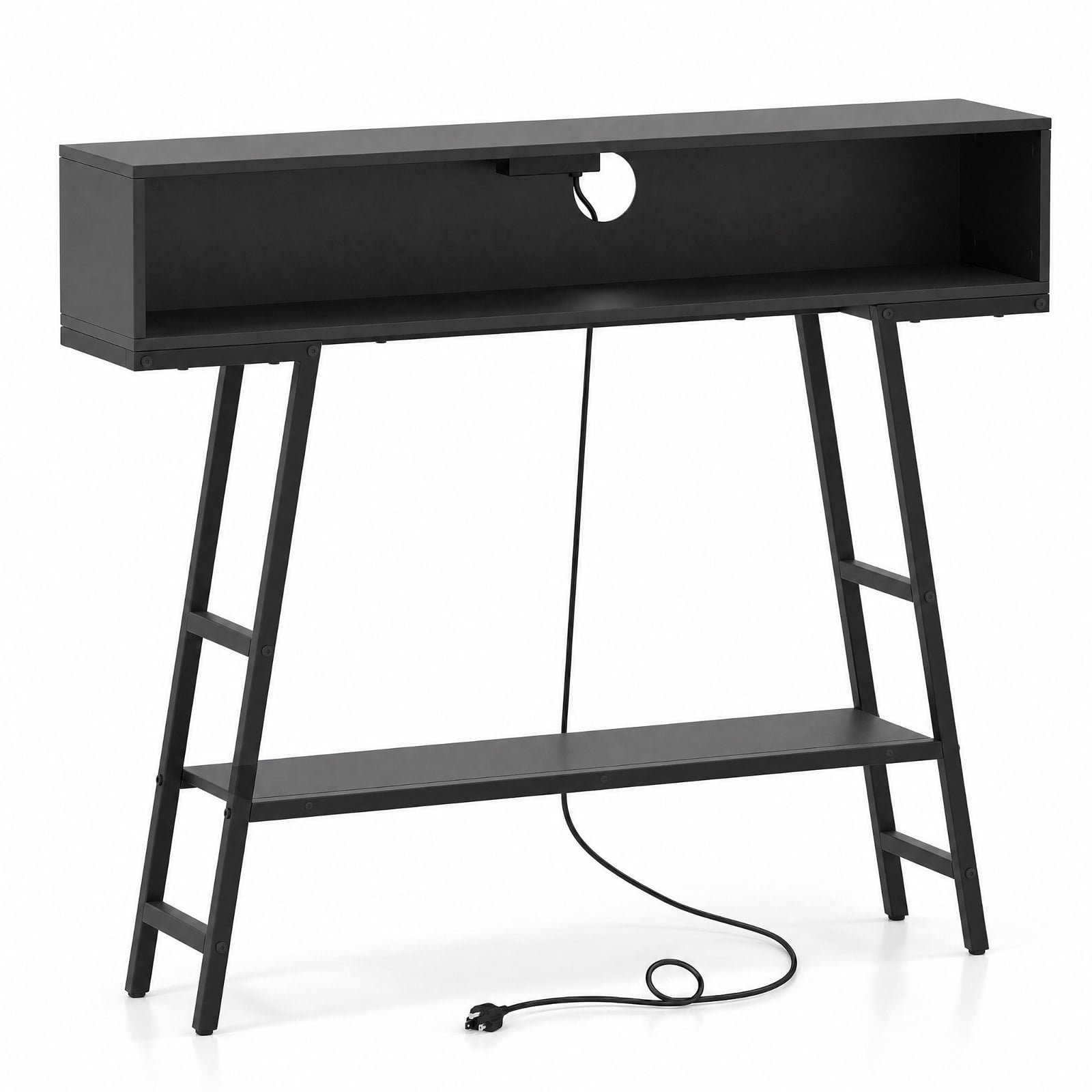 Furnibear 40 Inch Console Table with Charging Station USB Type-C AC Outlets and RGB LED Lights for Entryway Living Room and Behind Sofa, Black