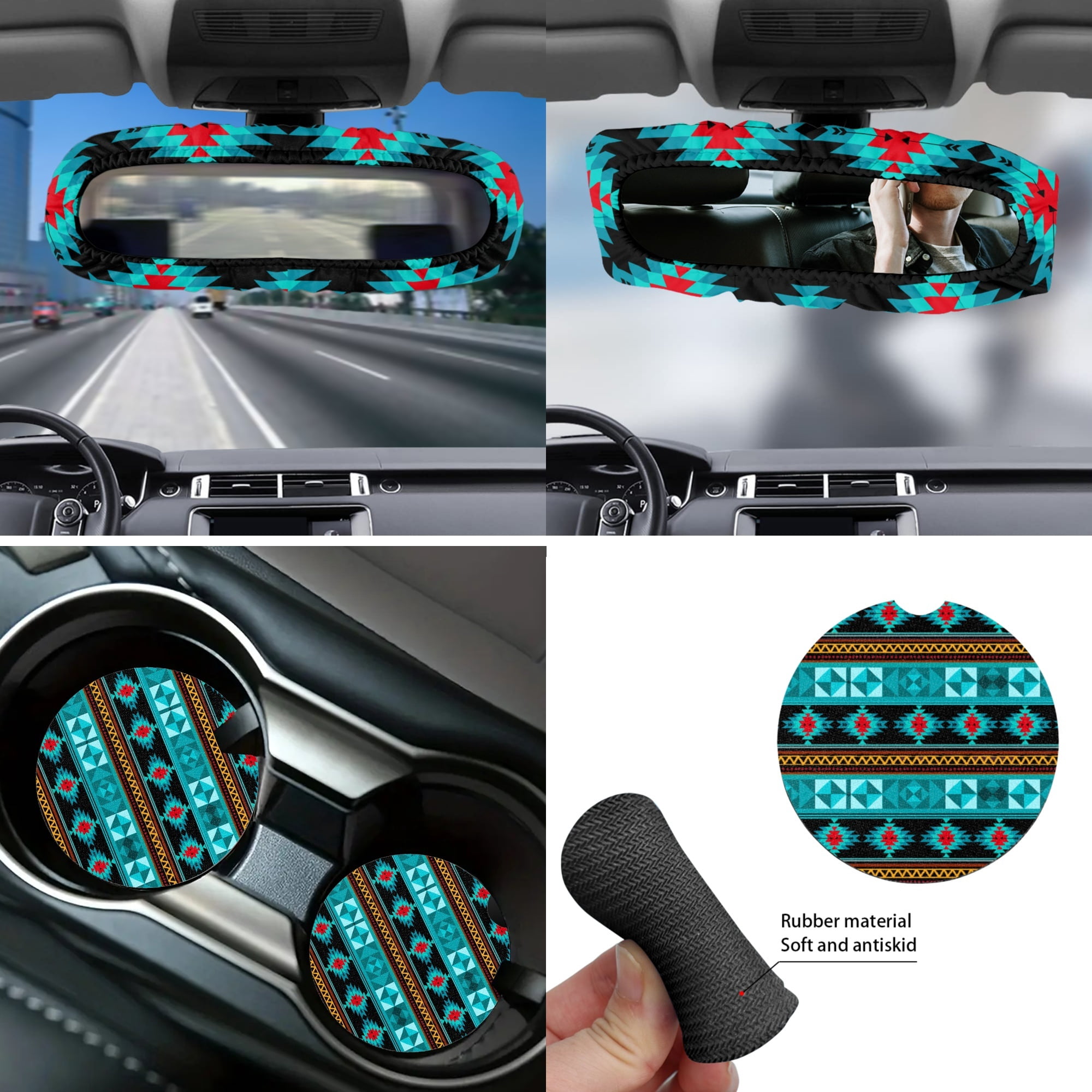Yuyamidu Aztec Ethnic Gemoetric Car Seat Cover Set of 14 Blue Car Seat Protector with Steering Wheel Cover Seatbelt Pads Armrest Cushion Trash Can Rearview Mirror Cover Handbrake Cover Set Coasters