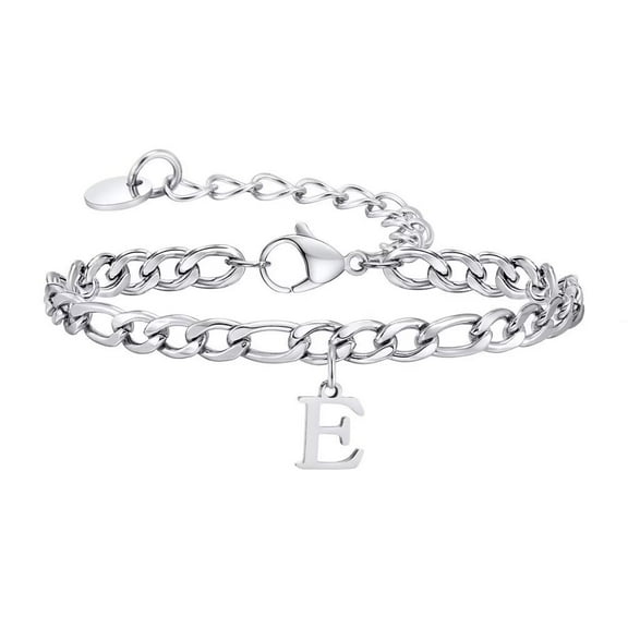 PAMTIER Women Stainless Steel Personalized Hip Hop Cool Initial A-Z 26 Letters Script Name Monogram Flat Necklace Adjustable Cuff Bracelet Silver E