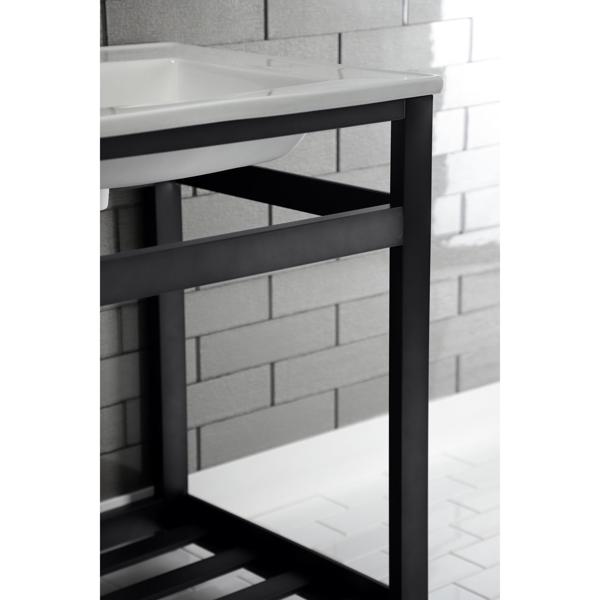 Kingston Brass VWP2522A0 Quadras 25" Ceramic Console Sink with Steel Base and Shelf (1-Hole), White/Matte Black