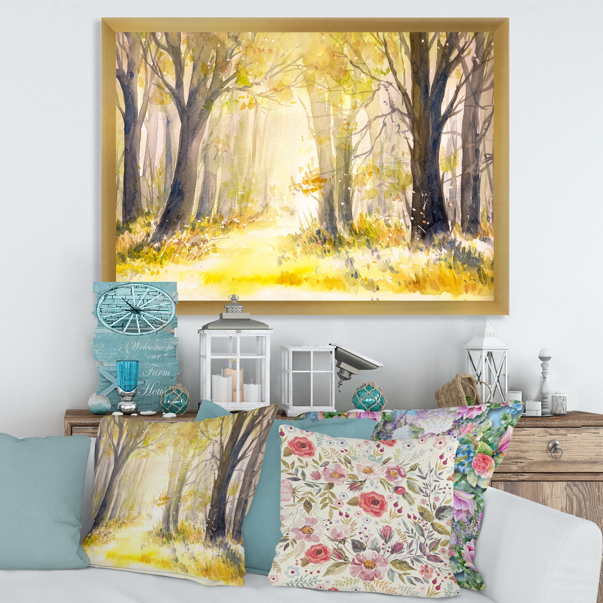 Designart 'Bright Sunshine Through The Yellow Forest Trees I' Traditional Framed Art Print