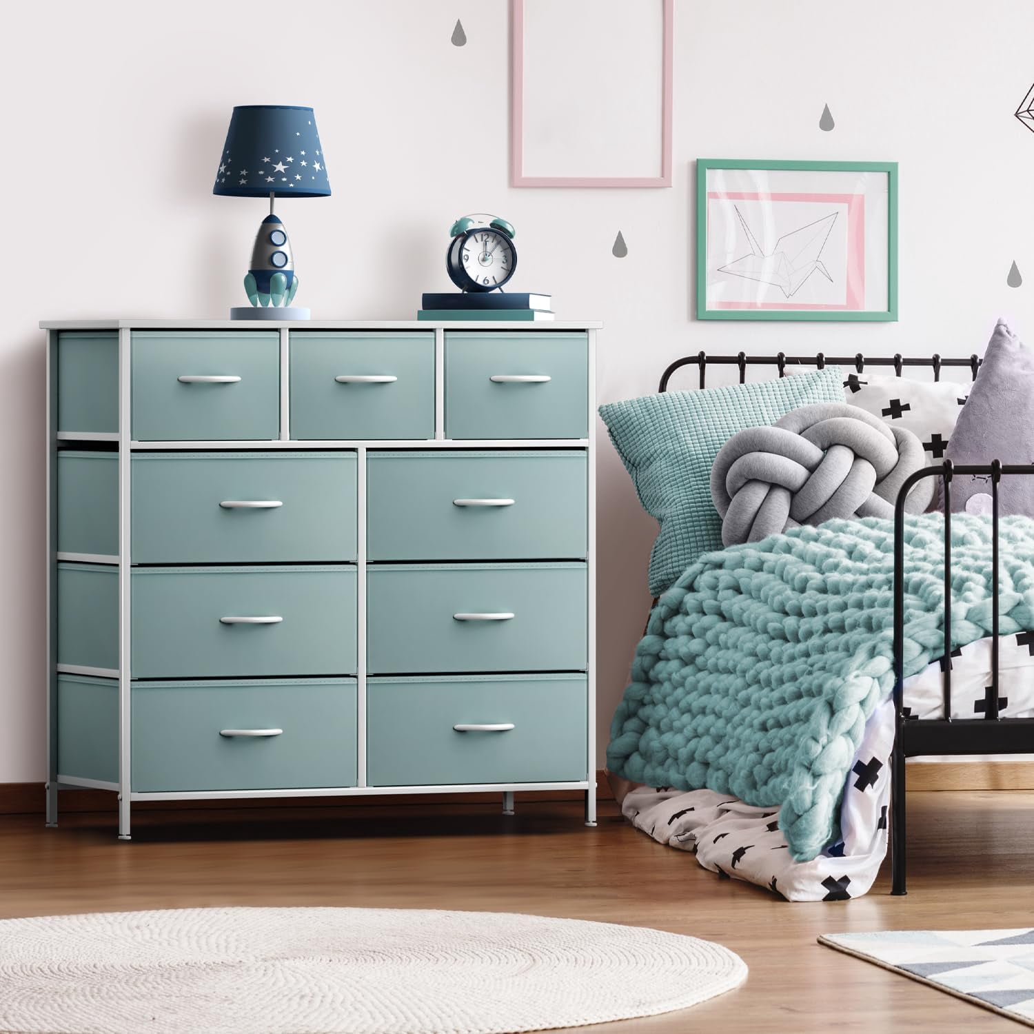 Sorbus 9-Drawer Dresser Nightstand End Table, Steel Frame, Wood Top, Aqua